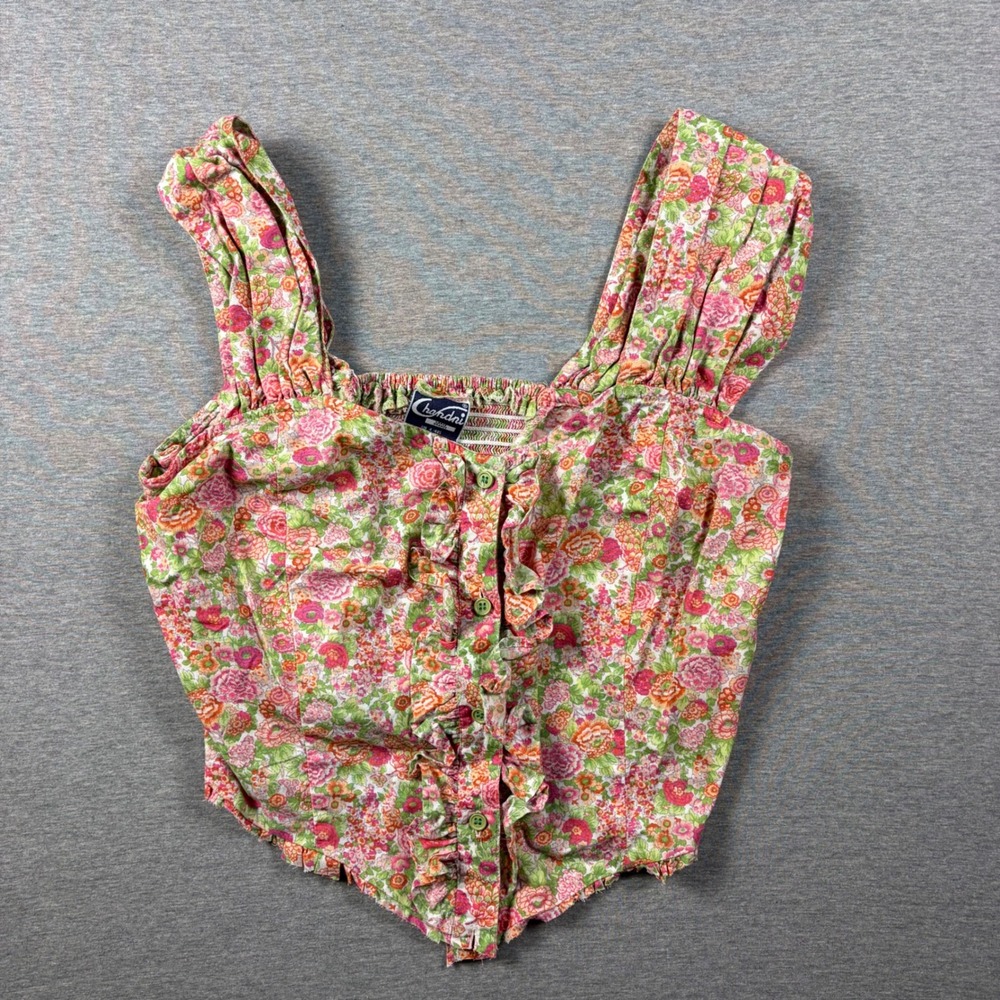 Chandni Crop Top Womens L Pink Floral Ruffle Button Front Smocked Back Cotton